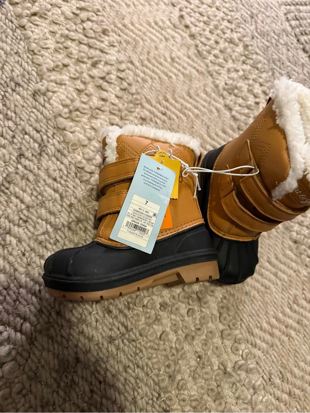 Cat & Jack Kids' Tan and Black white Faux-Fur Winter Boots 7c 7t nwt